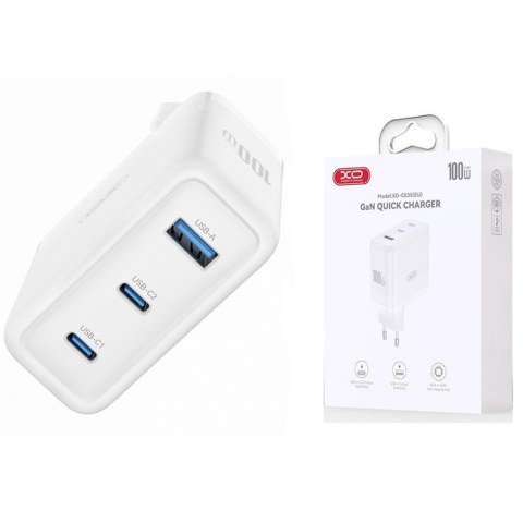 Universal φορτιστής σπιτιού XO CE53 100W White GaN με 3 εξόδους, 2x USB-C & 1x USB-A, σε λευκό χρώμα Box