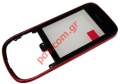 Original housing Nokia Asha 202, 203 Frontcover with Touch Unit in red color.