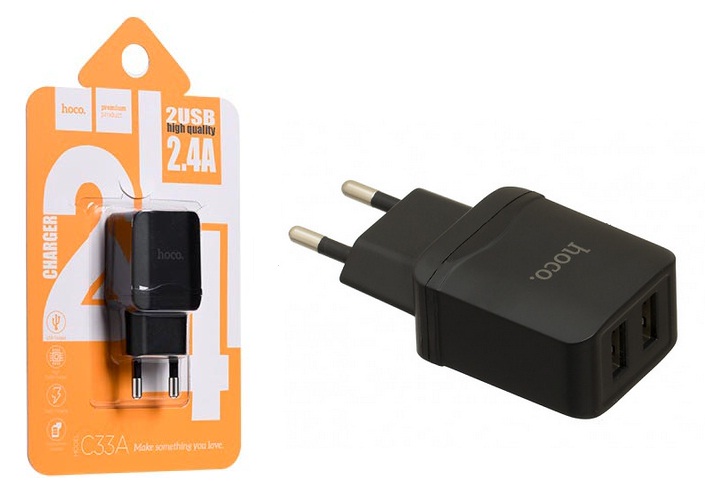 Travel charger adaptor Hoco C33A 5V/2.4A Black Superior Dual USB Fast Charging Blister