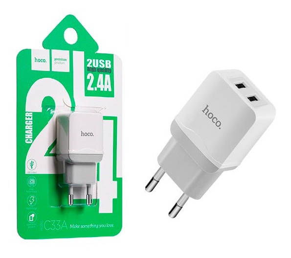 Travel charger adaptor Hoco C33A 5V/2.4A White Superior Dual USB Fast Charging Blister