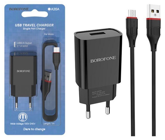 Travel Charger set Borofone BA20A 2.1A Microusb Type B plug Black with IPHONE lightning cable Blister