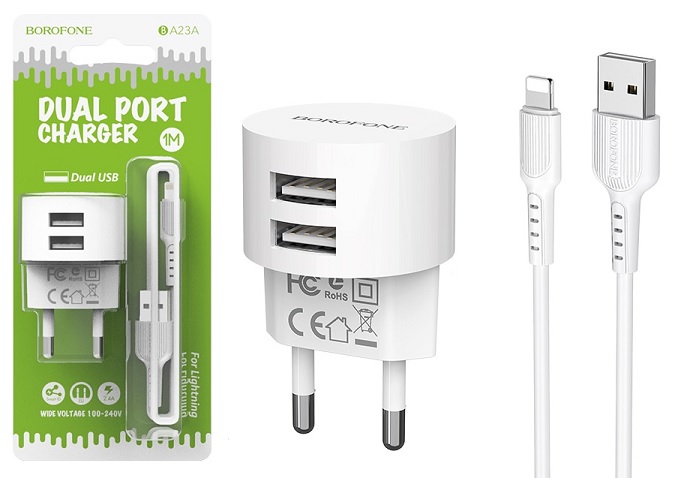 Wall charger Dual USB port set BOROFONE BA23A Lightning cable White color