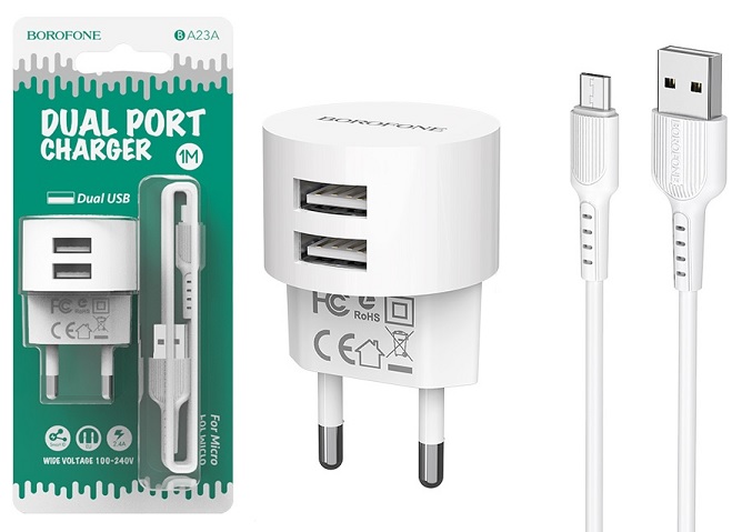 Wall charger Dual USB port set BOROFONE BA23A MicroUSB Type B White with cable