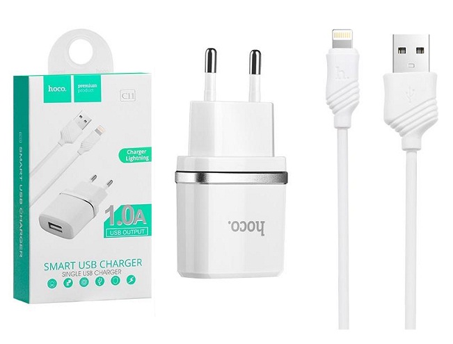 Compatible travel charger Hoco C11 White 220V/1.0A with lightning cable (2 pcs)