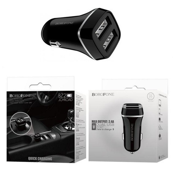 Car charger Borofone BZ2 Black Dual USB 5V/2.4A input 12/24V