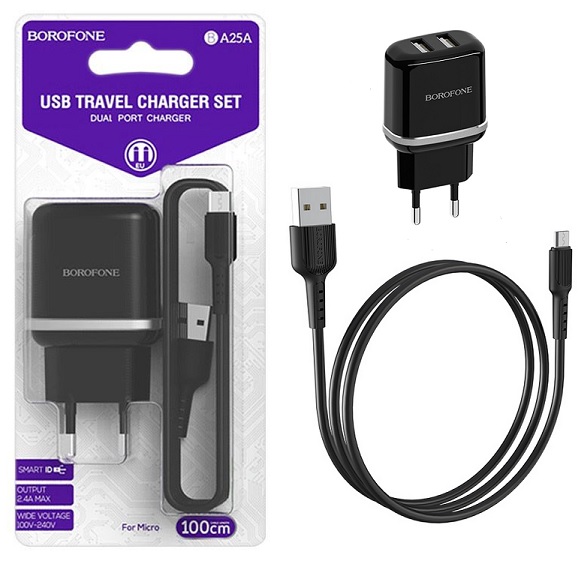 Wall charger Dual USB port set BOROFONE BA25A MicroUSB cable Black color