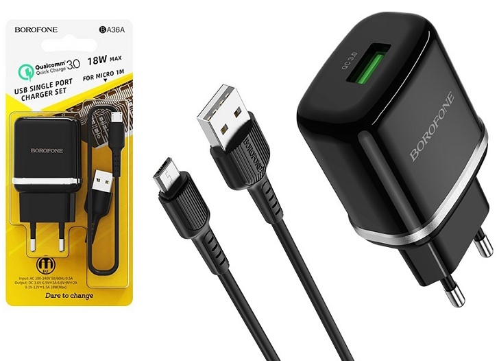   Borofone BA36A MICROUSB Black Fast charge 2A 18W 1xUSB 3.0 cable    Blister