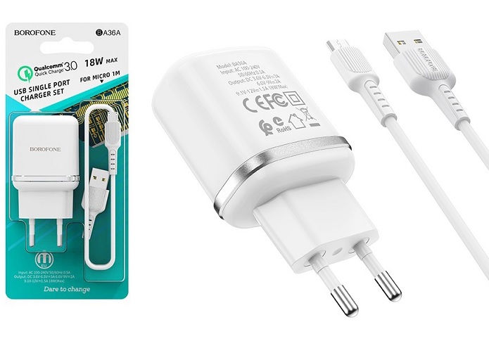   Borofone BA36A MICROUSB White Fast charge 2A 18W 1xUSB 3.0 cable    Blister