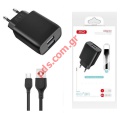 Wall charger Dual USB port set XO L57EU Microusb with cable 1M Black color 2.4A