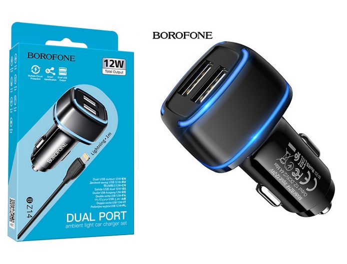 Car charger Borofone BZ14 Max 12W Black Dual USB 5V 2.4A LED Box