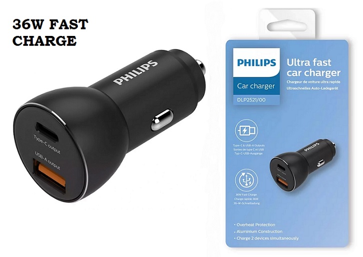 Car charger Philips 36W (DLP2521-00) USB 1 & Type-C Black Box