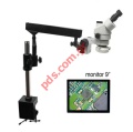 Trinocular Microscope 7-45X magnification, model HU708A with Type-B support, includes 9 inch monitor, and LED lights