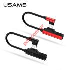  USAMS US-SJ237 USB Type-C 90 Degree Angled Male To 3.5mm Audio + Type-C Female Charging Adapter Cable Black
